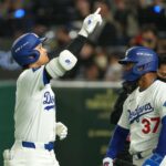 Mar 19, 2025; Bunkyo, Tokyo, JPN; Los Angeles Dodgers designated hitter Shohei Ohtani (17) celebrates after hitting a home run during the fifth inning against the Chicago Cubs during the Tokyo Series at Tokyo Dome. Mandatory Credit: Darren Yamashita-Imagn Images