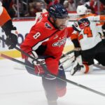 Mar 20, 2025; Washington, District of Columbia, USA; Washington Capitals left wing Alex Ovechkin (8) celebrates after scoring a goal during the first period against the Philadelphia Flyers at Capital One Arena. Mandatory Credit: Daniel Kucin Jr.-Imagn Images
