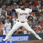 Mar 27, 2025; Houston, Texas, USA; Houston Astros pitcher Framber Valdez (59) pitches against the New York Mets in the first inning at Daikin Park. Mandatory Credit: Thomas Shea-Imagn Images Houston Astros