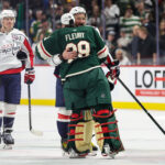 Mar 27, 2025; Saint Paul, Minnesota, USA; Washington Capitals left wing Alex Ovechkin (8) and Minnesota Wild goaltender Marc-Andre Fleury (29) shake hands after the game at Xcel Energy Center. Mandatory Credit: Matt Krohn-Imagn Images
