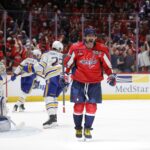 Mar 30, 2025; Washington, District of Columbia, USA; Washington Capitals left wing Alex Ovechkin (8) celebrates after scoring a goal past Buffalo Sabres goaltender James Reimer (47) during the third period at Capital One Arena. Mandatory Credit: Amber Searls-Imagn Images