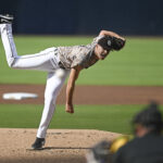 Mar 30, 2025; San Diego, California, USA; San Diego Padres starting pitcher Nick Pivetta (27) delivers against the Atlanta Braves at Petco Park. Mandatory Credit: Denis Poroy-Imagn Images