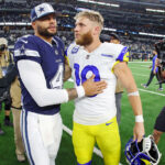 ARLINGTON, TEXAS - OCTOBER 29: Dak Prescott #4 of the Dallas Cowboys and Cooper Kupp #10 of the Los Angeles Rams meet after a game at AT&T Stadium on October 29, 2023 in Arlington, Texas.