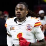 Feb 9, 2025; New Orleans, LA, USA; Kansas City Chiefs wide receiver Xavier Worthy (1) against the Philadelphia Eagles in Super Bowl LIX at Ceasars Superdome.