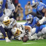 Detroit Lions outside linebacker Devon Kennard (42) recovers a fumble by Los Angeles Chargers running back Austin Ekeler (30) at the goal line during the second half Sunday, Sept. 15, 2019 at Ford Field. Lions Vs Chargers