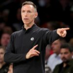 Mar 21, 2022; Brooklyn, New York, USA; Brooklyn Nets head coach Steve Nash coaches against the Utah Jazz during the second quarter at Barclays Center.