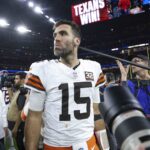 Jan 13, 2024; Houston, Texas, USA; Cleveland Browns quarterback Joe Flacco (15) on the field after a 2024 AFC wild card game against the Houston Texans at NRG Stadium. Mandatory Credit: Troy Taormina-USA TODAY Sports