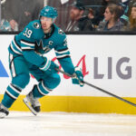 Jan 30, 2024; San Jose, California, USA; San Jose Sharks center Logan Couture (39) plays the puck against the Seattle Kraken during the second period at SAP Center at San Jose. Mandatory Credit: Robert Edwards-USA TODAY Sports