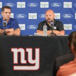 Giants Draft NFL 2025 - Jul 24, 2024; East Rutherford, NJ, USA; New York Giants general manager Joe Schoen (left) and head coach Brian Dabol talks to media before the start of training camp at Quest Diagnostics Training Facility. Mandatory Credit: Vincent Carchietta-USA TODAY Sports