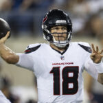 Aug 1, 2024; Canton, Ohio, USA; Houston Texans quarterback Case Keenum (18) throws the ball against the Chicago Bears during the second quarter at Tom Benson Hall of Fame Stadium. Mandatory Credit: Scott Galvin-USA TODAY Sports