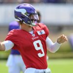 Aug 3, 2024; Eagan, MN, USA; Minnesota Vikings quarterback J.J. McCarthy (9) warms up during practice at Vikings training camp in Eagan, MN. Mandatory Credit: Jeffrey Becker-USA TODAY Sports