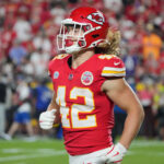 Sep 5, 2024; Kansas City, Missouri, USA; Kansas City Chiefs linebacker Jack Cochrane (43) returns to the sidelines after a play against the Baltimore Ravens during the second half at GEHA Field at Arrowhead Stadium. Mandatory Credit: Denny Medley-Imagn Images