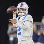 Jaxson Dart Giants Sep 14, 2024; Winston-Salem, North Carolina, USA; Mississippi Rebels quarterback Jaxson Dart (2) passes during the first half against the Wake Forest Demon Deacons at Allegacy Federal Credit Union Stadium. Mandatory Credit: Jim Dedmon-Imagn Images