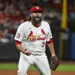 Sep 17, 2024; St. Louis, Missouri, USA; St. Louis Cardinals starting pitcher Lance Lynn (31) reacts after inning ending double play against the Pittsburgh Pirates during the fifth inning at Busch Stadium. Mandatory Credit: Jeff Curry-Imagn Images