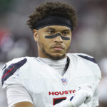 Sep 15, 2024; Houston, Texas, USA; Houston Texans safety Jalen Pitre (5) during the game against the Chicago Bears at NRG Stadium. Mandatory Credit: Troy Taormina-Imagn Images