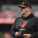 Oct 2, 2024; Baltimore, Maryland, USA; Baltimore Orioles manager Brandon Hyde in the first inning against the Kansas City Royals in game two of the Wild Card round for the 2024 MLB Playoffs at Oriole Park at Camden Yards. Mandatory Credit: Tommy Gilligan-Imagn Images