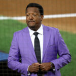 Oct 28, 2024; New York, New York, USA; MLB Hall of Fame player Pedro Martinez before game three of the 2024 MLB World Series between the Los Angeles Dodgers and New York Yankees at Yankee Stadium. Mandatory Credit: Vincent Carchietta-Imagn Images