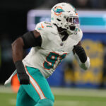 Nov 11, 2024; Inglewood, California, USA; Miami Dolphins linebacker Emmanuel Ogbah (91) against the Los Angeles Rams in the first half at SoFi Stadium. Mandatory Credit: Kirby Lee-Imagn Images