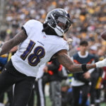 Nov 17, 2024; Pittsburgh, Pennsylvania, USA; Baltimore Ravens wide receiver Diontae Johnson (18) reaches for an incomplete pass against the Pittsburgh Steelers during the first quarter at Acrisure Stadium. Mandatory Credit: Barry Reeger-Imagn Images