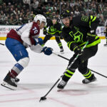 Nov 29, 2024; Dallas, Texas, USA; Dallas Stars center Tyler Seguin (91) and Colorado Avalanche defenseman Sam Malinski (70) in action during the game between the Dallas Stars and the Colorado Avalanche at American Airlines Center. Mandatory Credit: Jerome Miron-Imagn Images