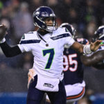 Dec 26, 2024; Chicago, Illinois, USA; Seattle Seahawks quarterback Geno Smith (7) passes the ball against the Chicago Bears during the third quarter at Soldier Field. Mandatory Credit: Daniel Bartel-Imagn Images