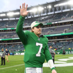 Dec 29, 2024; Philadelphia, Pennsylvania, USA; Philadelphia Eagles quarterback Kenny Pickett (7) walks off the field after win against the Dallas Cowboys at Lincoln Financial Field. Mandatory Credit: Eric Hartline-Imagn Images