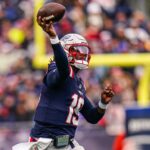 Jan 5, 2025; Foxborough, Massachusetts, USA; New England Patriots quarterback Joe Milton III (19) throws a pass against the Buffalo Bills in the first half at Gillette Stadium. Mandatory Credit: David Butler II-Imagn Images