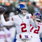 Jan 5, 2025; Philadelphia, Pennsylvania, USA; New York Giants quarterback Drew Lock (2) passes the ball against the Philadelphia Eagles during the fourth quarter at Lincoln Financial Field. Mandatory Credit: Bill Streicher-Imagn Images