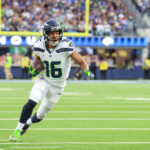 `’Jan 5, 2025; Inglewood, California, USA; Seattle Seahawks Wide Receiver Tyler Lockett (16) runs down the field baseline at SoFi Stadium for the Seattle Seahawks at Los Angeles Rams Week 18 matchup. Mandatory Credit: William Navarro-Imagn Images
