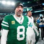 New York Jets quarterback Aaron Rodgers (8) is shown after he led Gang Green to a 32-20 victory against the Miami Dolphins, on Jan. 5, 2025, in East Rutherford, N.J.