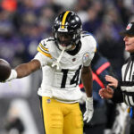 Jan 11, 2025; Baltimore, Maryland, USA; Pittsburgh Steelers wide receiver George Pickens (14) reacts after a catch against the Baltimore Ravens in the fourth quarter in an AFC wild card game at M&T Bank Stadium. Mandatory Credit: Tommy Gilligan-Imagn Images
