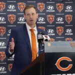 Jan 22, 2025; Lake Forest, IL, USA; Chicago Bears head coach Ben Johnson answers questions during a introductory press conference at PNC Center. Mandatory Credit: David Banks-Imagn Images