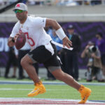 Feb 2, 2025; Orlando, FL, USA; AFC quarterback Russell Wilson of the Pittsburgh Steelers (3) throws the ball during the 2025 Pro Bowl Games at Camping World Stadium. Mandatory Credit: Kirby Lee-Imagn Images