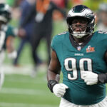 Feb 9, 2025; New Orleans, LA, USA; Philadelphia Eagles defensive tackle Jordan Davis (90) practices before Super Bowl LIX against the Kansas City Chiefs at Caesars Superdome.