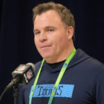 Feb 25, 2025; Indianapolis, IN, USA; Tennessee Titans general manager Mike Borgonzi speaks during the NFL Scouting Combine at the Indiana Convention Center. Mandatory Credit: Kirby Lee-Imagn Images