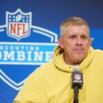 NFL Draft 2025 Broncos - Feb 25, 2025; Indianapolis, IN, USA; Denver Broncos coach Sean Payton speaks during the NFL Scouting Combine at the Indiana Convention Center. Mandatory Credit: Kirby Lee-Imagn Images
