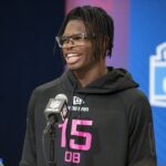 Feb 27, 2025; Indianapolis, IN, USA; Colorado defensive back Travis Hunter (DB15) during the 2025 NFL Combine at Lucas Oil Stadium. Mandatory Credit: Tanner Pearson-Imagn Images