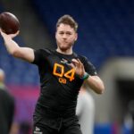 Raiders Ewers NFL Draft - Mar 1, 2025; Indianapolis, IN, USA; Texas quarterback Quinn Ewers (QB04) during the 2025 NFL Combine at Lucas Oil Stadium. Mandatory Credit: Kirby Lee-Imagn Images