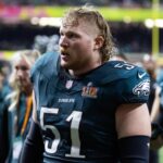 Feb 9, 2025; New Orleans, LA, USA; Philadelphia Eagles center Cam Jurgens (51) against the Kansas City Chiefs during Super Bowl LIX at Ceasars Superdome.