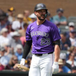 Mar 12, 2025; Salt River Pima-Maricopa, Arizona, USA; Colorado Rockies outfielder Kris Bryant (23) gets ready to hit against the San Diego Padres in the first inning at Salt River Fields at Talking Stick. Mandatory Credit: Rick Scuteri-Imagn Images