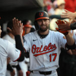 Mar 14, 2025; Sarasota, Florida, USA; Baltimore Orioles outfielder Colton Cowser (17) is congratulated after he hit a 2-run home run against the Minnesota Twins during the fourth inning at Ed Smith Stadium. Mandatory Credit: Kim Klement Neitzel-Imagn Images