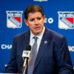 Mar 22, 2025; New York, New York, USA; New York Rangers head coach Peter Laviolette speaks with the media after a 5-3 win against the Vancouver Canucks at Madison Square Garden.