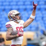 Panthers’ Samson Nacua (86) celebrates as he scores a touchdown during the UFL game between the Memphis Showboats and Michigan Panthers at Simmons Bank Liberty Stadium in Memphis, Tenn., on Sunday, March 30, 2025.