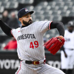 Apr 2, 2025; Chicago, Illinois, USA; Minnesota Twins pitcher Pablo Lopez (49) throws against the Chicago White Sox during the first inning at Guaranteed Rate Field. Mandatory Credit: Matt Marton-Imagn Images