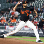 Apr 2, 2025; Baltimore, Maryland, USA; Baltimore Orioles pitcher Zach Eflin (24) throws during the first inning against the Boston Red Sox at Oriole Park at Camden Yards. Mandatory Credit: Daniel Kucin Jr.-Imagn Images