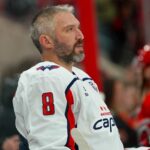 Apr 2, 2025; Raleigh, North Carolina, USA; Washington Capitals left wing Alex Ovechkin (8) during the warm ups before a game against the Carolina Hurricanes at Lenovo Center. Mandatory Credit: James Guillory-Imagn Images