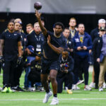 Apr 4, 2025; Boulder, CO, USA; Colorado Buffaloes quarterback Shedeur Sanders (2) passes the ball at the University of Colorado NFL Showcase at the CU Indoor Practice Facility. Mandatory Credit: Michael Ciaglo-Imagn Images
