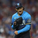 Apr 4, 2025; Philadelphia, Pennsylvania, USA; Philadelphia Phillies pitcher Jess Luzardo (44) reacts after pitching out of the seventh inning against the Los Angeles Dodgers at Citizens Bank Park.