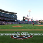 Apr 4, 2025; Anaheim, California, USA; A general view of Angel Stadium with 2025 Opening Weekend logo before the game between the Los Angeles Angels and the Cleveland Guardians at Angel Stadium. Mandatory Credit: Kiyoshi Mio-Imagn Images MLB