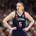 Apr 6, 2025; Tampa, FL, USA; Connecticut Huskies guard Paige Bueckers (5) looks on during the second half of the national championship of the women's 2025 NCAA tournament against the South Carolina Gamecocks at Amalie Arena.